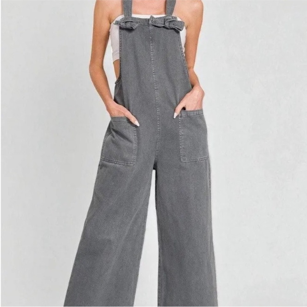 Zenana Ash Black or Light Pink Wide Leg Denim Jumpsuit Overalls Size L - Picture 2 of 3